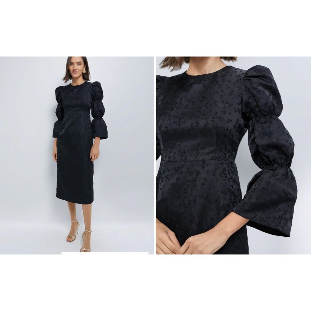 Hyacinth House Black Jacquard Puff Sleeve Midi Darcy Dress, Size M